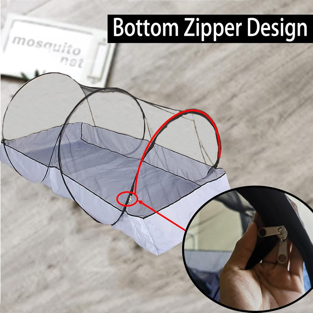 CMINGJ Portable Mosquito Net Foldable Pop-Up Travel Mosquito Net for Bed Free Installation-Suitable for Baby Adults Bedroom, Camping, nap, Patio (Large-Bottom Zipper(Black net))