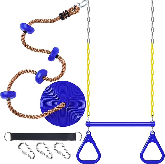 Hungdao 2 Set Gym Ring Trapeze Swing Bar and Climbing Rope with Platforms Disc Heavy Duty Coated Chains Seat Accessories for Outdoor Indoor Playground Backyard(Blue)-BubblyBeeBaby