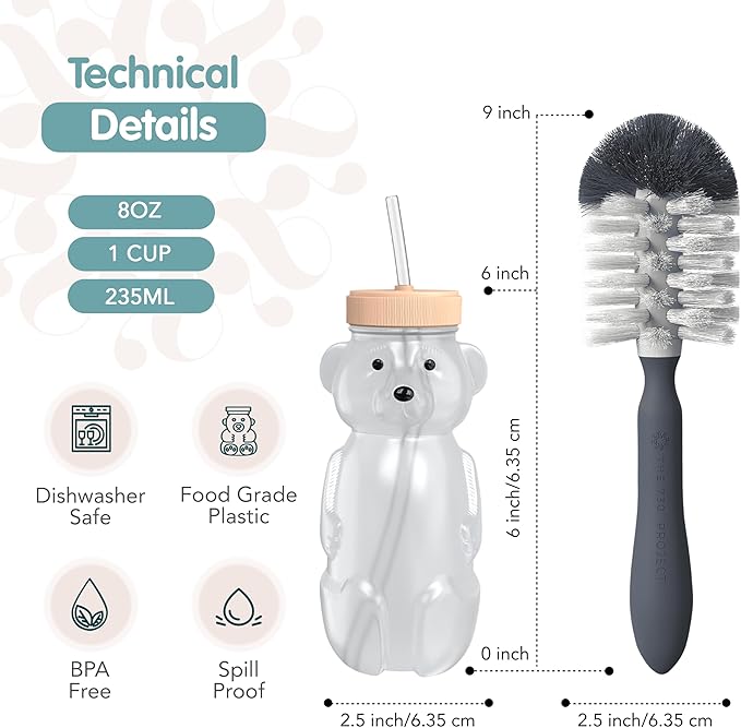Honey Bear Straw Cup for Babies, 8oz Honey BearCup with Bottle Brush, 2-Pack Improved Lid Therapy Learning Honeybear Straw Cup for Baby, Blizzard & Creamsicle-BubblyBeeBaby