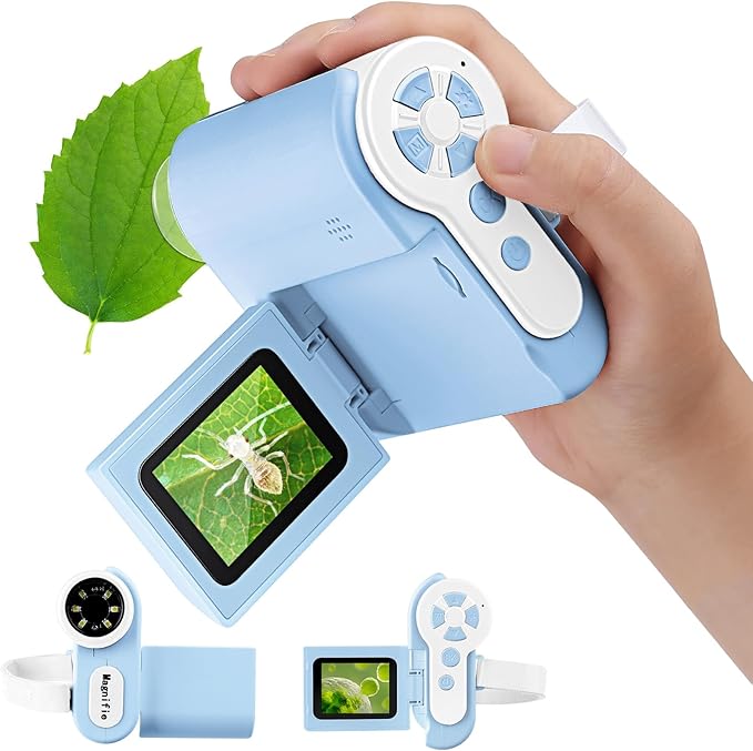 1000X Handheld Microscope for Kids, 4K 2.0" Screen Mini Pocket Microscope with 6 Adjustable LED Lights, Edu Science Birthday Gifts for Kids Ages 8-12, 32G SD Card Included - Blue-BubblyBeeBaby