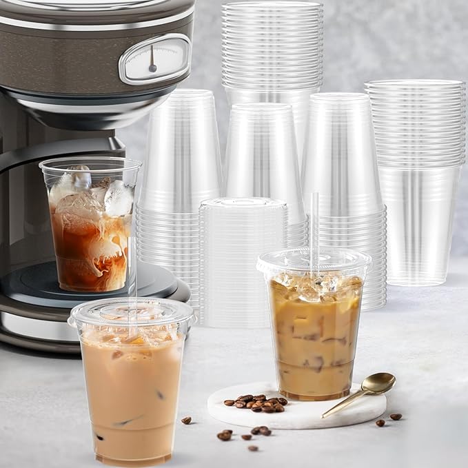 100 Pack - 16 oz Clear Plastic Cups with Lids and Straws, Sturdy & Food Safe Iced Coffee Cups with lids, Disposable Plastic Smoothie Cups for Cold Drinks-BubblyBeeBaby