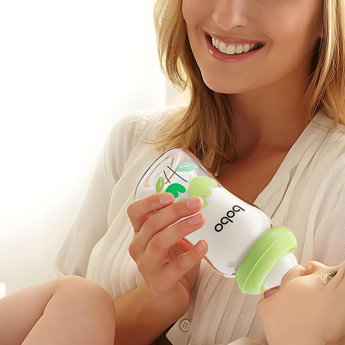 YOHKOH Natural Glass Baby Bottle with Natural Response Nipple, Newborn Anti-Colic Baby Bottles, Wide Neck Mushroom Cap Baby Bottle, Clear (Green, (5.4oz (Pack of 4))-BubblyBeeBaby