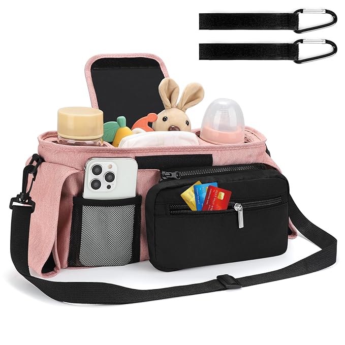 Accmor Universal Stroller Organizer with Insulated Cup Holder Detachable Phone Bag and Shoulder Strap,Stroller Bag Caddy Organizer Fits for Uppababy, Baby Jogger, Britax Strollers-BubblyBeeBaby