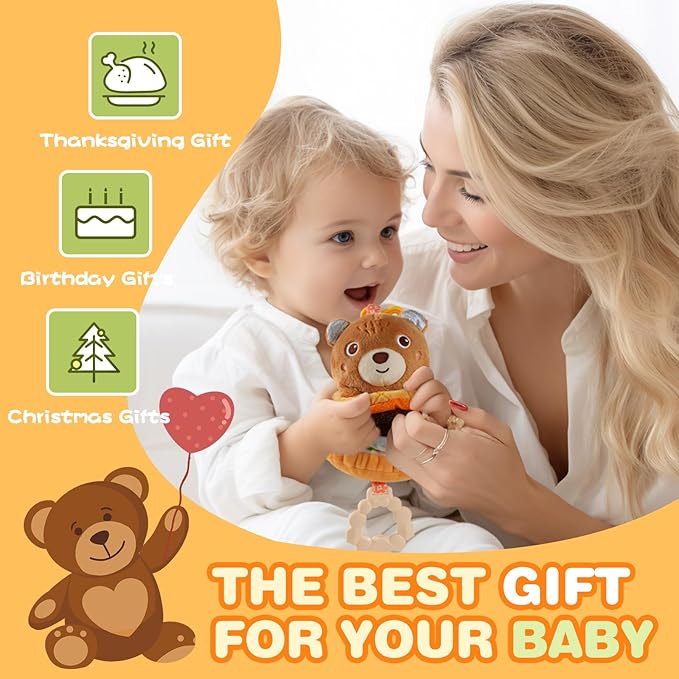 Jollybaby Baby Musical Pull String Hanging Toys for Stroller Car Seat Crib Play Gym, Plush Stuffed Hamburg Bear Toy for Carseat with Music Teether Crinkle, Sensory Toy for 0-6-12-18 Months Baby Gifts-BubblyBeeBaby