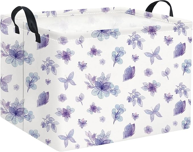 HIYAGON Rectangular Storage Basket Collapse Canvas Fabric Cartoon Bin Organizer Box with Handles for Organizing Home Kitchen Room Decor(Watercolor Flower)-BubblyBeeBaby