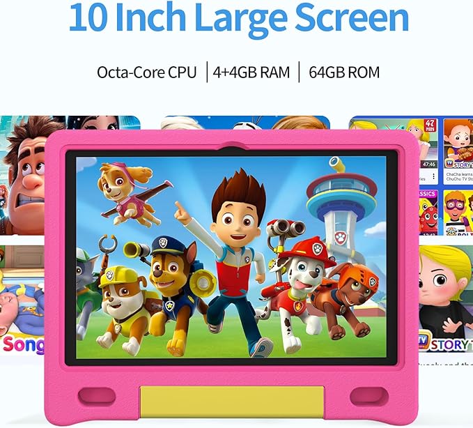JREN Kids Table 10.1" ｜Android 14 Tablet for Kids｜64GB Storage｜Octa-Core｜WiFi ｜Cameras｜Parental Control｜Kids Content｜Case Included Great Gift for Children Ages 3-12 Years Old Pink-BubblyBeeBaby