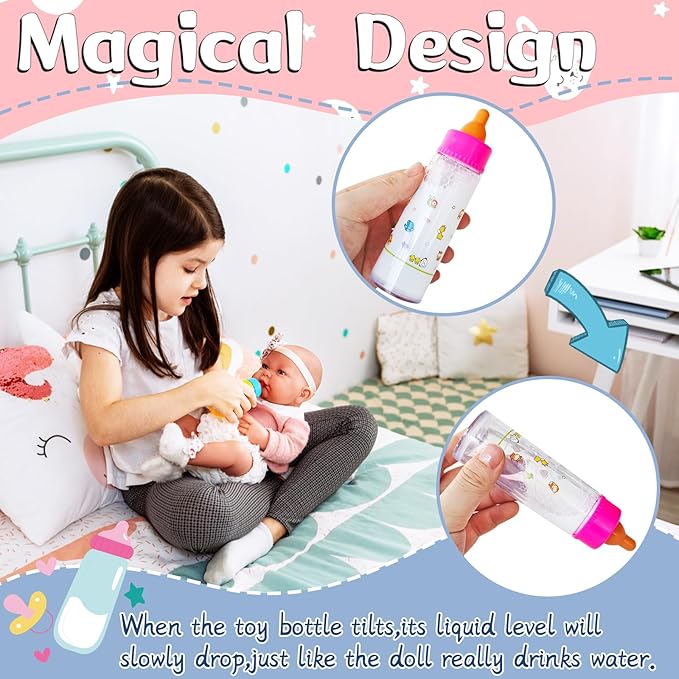 12 Pcs Baby Doll Accessories Magic Bottle set,Pretend Play Feeding Toy Set with Package,Doll Feeding Set for Kids Girls,Magic Disappearing Juice Milk Bottles,Sippy Cups,Pacifiers,Bowl Spoons-BubblyBeeBaby
