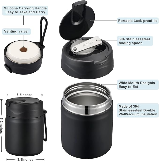 17oz Soup Thermo for Hot Food Kids,Insulated Food Jar with Spoon,Thermo Hot Food Lunch Container,Wide Mouth Leakproof Stainless Steel Lunch Box for School-Black-BubblyBeeBaby