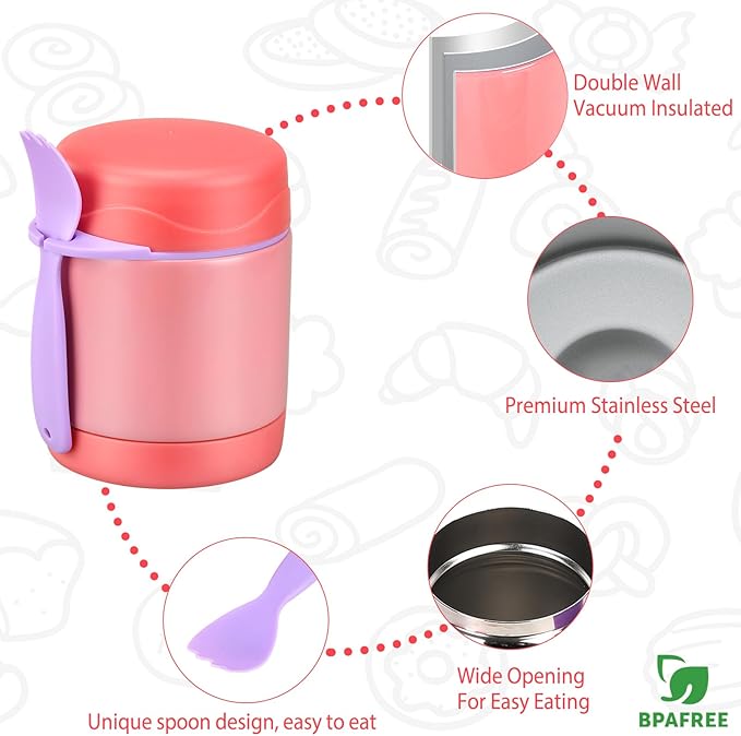 10oz Soup Thermo for Hot Food Kids,Lunch Thermo Kids Food Jar with Spoon Hot Insulated Food Containers,Leak Proof Stainless Steel Wide Mouth Lunch Food Thermo Jar for School(Pink)-BubblyBeeBaby