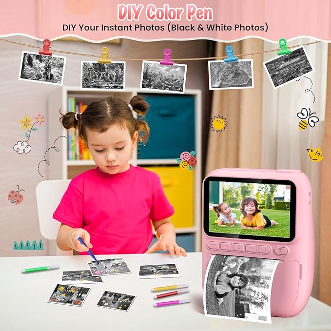 Instant Print Camera for Kids, 3.0" HD 32MP Kids Camera 1080P with 3 Rolls of Printer Paper, Birthday Gifts Toy for 3-12 Year Old Girls Boys with 32GB SD Card-Pink-BubblyBeeBaby