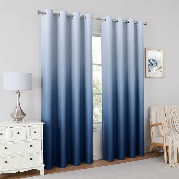 HOMEIDEAS Navy Blue Ombre Blackout Curtains 52 X 63 Inch Length Gradient Room Darkening Thermal Insulated Energy Saving Grommet 2 Panels Window Drapes for Living Room, Bedroom-BubblyBeeBaby