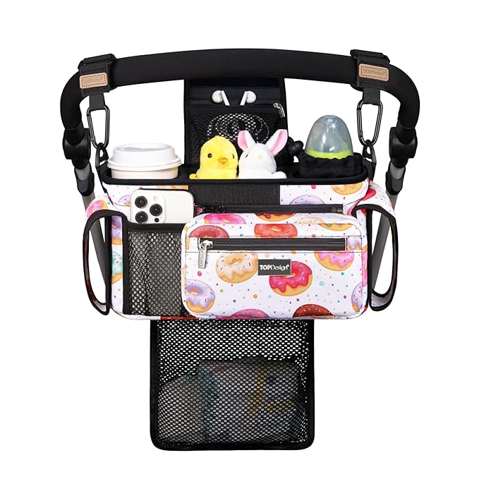 TOPDesign Universal Baby Stroller Organizer, Stroller Caddy with Detachable Mesh Bag & Heightened Insulated Cup Holders & Non-Slip Secure Hooks Accessories, Fits Most Strollers (Donuts)-BubblyBeeBaby