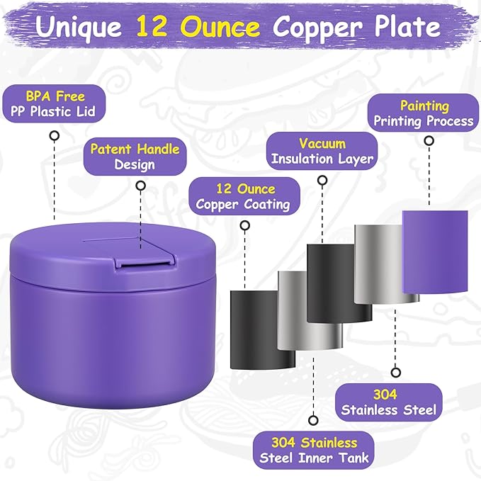 12oz Insulated Vacuum Food Jar with Buckle Lid Wide Mouth Soup Thermo for Hot Food Kids Leakproof Stainless Steel Lunch Container (Purple, 12OZ)-BubblyBeeBaby