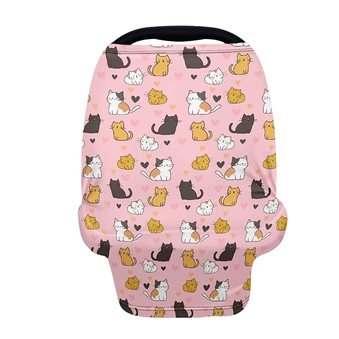 Binienty Baby Car Seat Covers - Cartoon Kitten Infant Carseat Canopy Multi-use Stretch Nursing Cover for Breastfeeding-BubblyBeeBaby