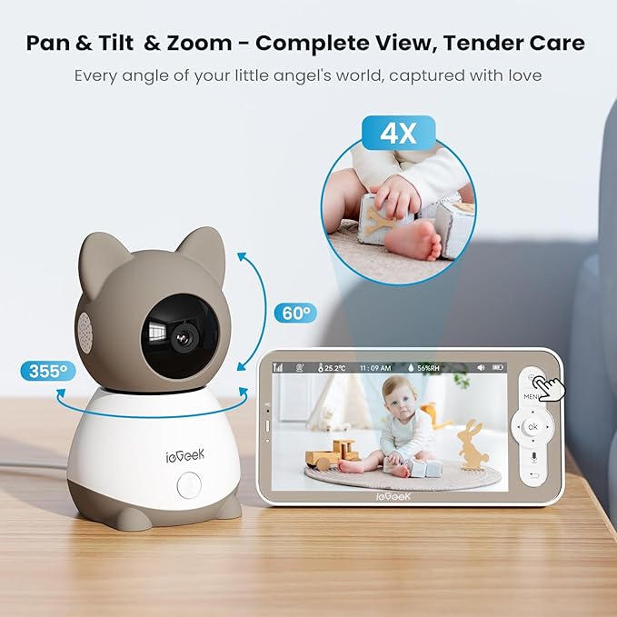 ieGeek Baby Monitor with 2K Camera and Audio - Video Monitor with 5" Screen - Night Vision, Two-Way Talk, Cry & Motion Detection, Temper& Humidity Sensor, PTZ, Remote Control via Screen and Free APP-BubblyBeeBaby