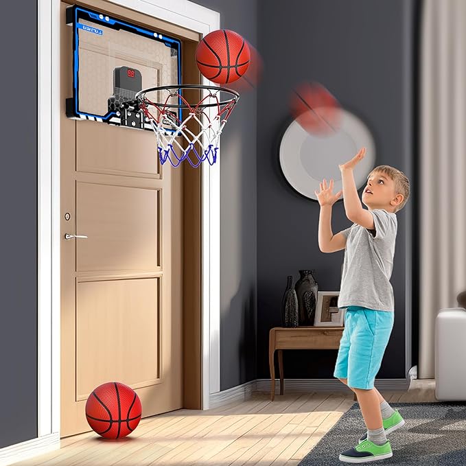 HopeRock Indoor Mini Basketball Hoop for Kids, Basketball Hoops Over The Door with LED Lighting, Mini Hoop with Scoreboard & 3 Balls, Basketball Toys Gifts for 5 6 7 8 9 10 11 12 Year Old Boys Girls-BubblyBeeBaby