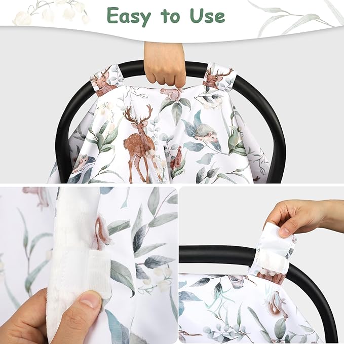 TANOFAR Baby Carseat Canopy, Peekaboo Opening Car Seat Canopy for Babies, Soft and Breathable Infant Carrier Canopy, Multi-use Baby Carrier, Stroller, Nursing Cover, Minky Blanket, Animal Leaf-BubblyBeeBaby