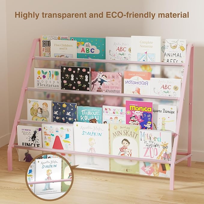 High-Transparent 4 Tier Kids Bookshelf, Sturdy Metal Large Size Book Rack Storage for Kids - Toddler Book Shelf Display for Nurasery, Playroom or Kids Room, Bookshelf Hold More Books - Pink-BubblyBeeBaby