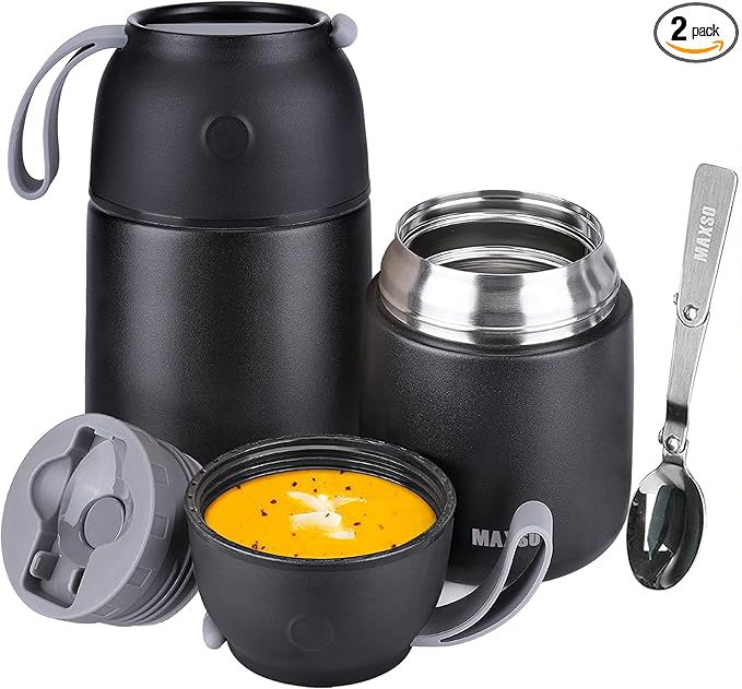 Insulated Thermo Food Jar for Hot & Cold Food for Kids Adult, 17&24 oz Soup Thermal Hot Food Containers for Lunch, Triple Layer Insulation Stainless Steel Food Jar with Spoon (2 Pack Black)-BubblyBeeBaby