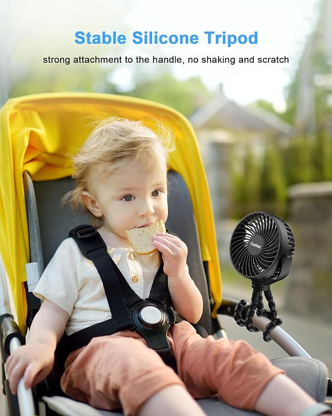 Stroller Fan Clip on for Baby, 4000mAh Rechargeable Battery Operated, Flexible Tripod, 3 Wind Speed, 360° Rotatable, Small Cooling Portable Fan for Car Seat Crib Golf Cart Bike Treadmill, Black-BubblyBeeBaby