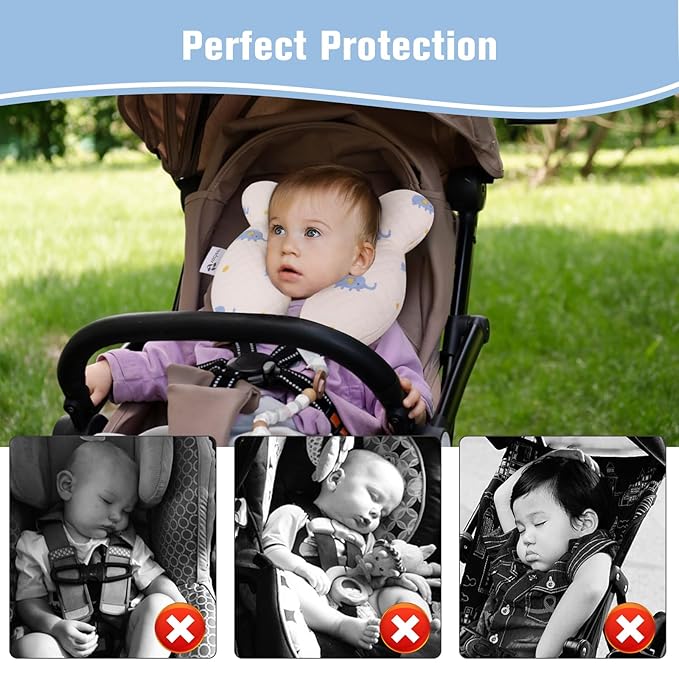 vocheer Baby Neck Pillow(Upgraded),Cotton, Baby Support Pillow, Car Seat Pillows for Newborn, Carseat Head and Body Support, Infant Travel Pillows for Prams, Pushchair, Stroller, Bouncer, Elephant-BubblyBeeBaby
