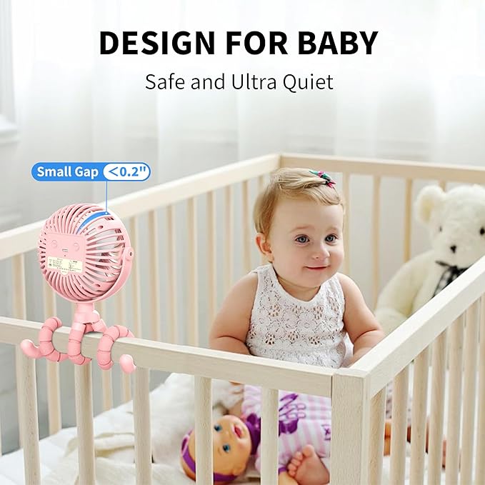 AMACOOL Battery Operated Stroller Fan Flexible Tripod Clip On Fan with 3 Speeds and Rotatable Handheld Personal Fans for Car Seat Crib Bike Treadmill (Pink)-BubblyBeeBaby