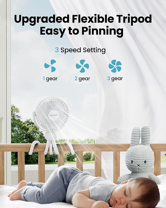Gaiatop Mini Portable Stroller Fan, Battery Operated Small Clip on, Detachable 3 Speed Rechargeable, 360° Rotate Flexible Tripod Better Cooling for Car Seat Crib Treadmill Travel White-BubblyBeeBaby