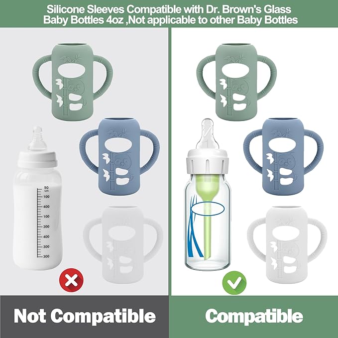 3 Pack Silicone Sleeves for Dr. Brown's Glass Baby Bottles - Drop Protection Baby Bottle Sleeves,Compatible with Dr. Brown's Newborn Glass Bottles,with Silicone Handles,4 oz-BubblyBeeBaby