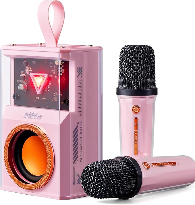 Karaoke Machine for Kids & Adults, Portable Bluetooth Mini Karaoke Speaker with 2 Wireless Microphone and Lights, Birthday Gifts for Girls & Boys, Toys for Girls, Family Home Party (Pink)-BubblyBeeBaby