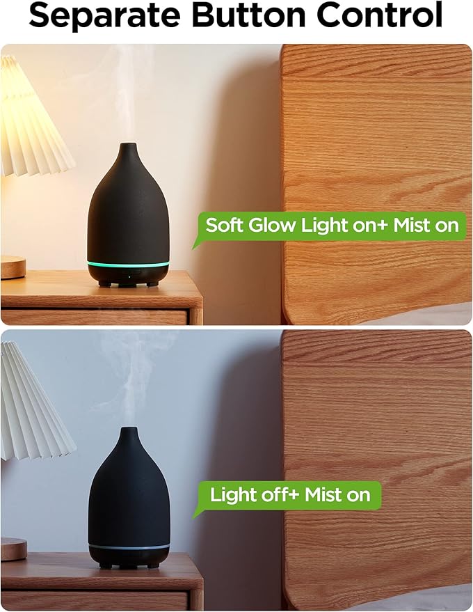 InnoGear Oil Diffuser, 150ML Ceramic Diffuser for Essential Oils Handcrafted Aromatherapy Diffuser Ultrasonic Cool Mist Humidifier with 2 Mist Modes Waterless Auto Off for Room Office, Black-BubblyBeeBaby