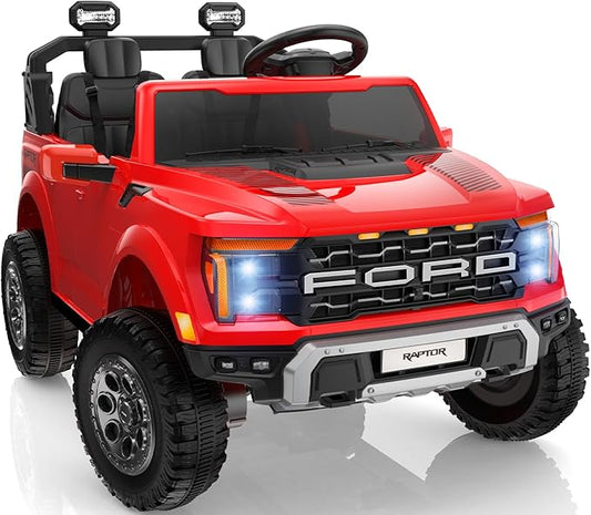 24V 2 Seater Ride on Toys for Kids, Licensed Ford F-150 Raptor Kids Electric Vehicles w/Remote Control, Power Pedal and Durable Wheels, LED Lights, Bluetooth, Truck Bed Storage (Red)-BubblyBeeBaby