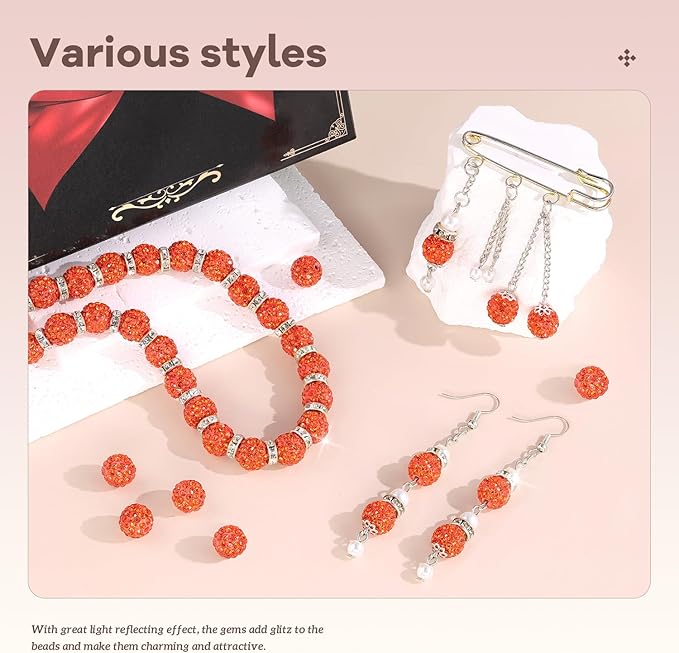 105pcs 10mm Rhinestone Beads for Jewelry Making, Orange Shiny Round Disco Ball Beads Bulk, Sparkle Crystal Clay Christmas for Bracelet Baseball Necklace Earring Crafting and DIY-BubblyBeeBaby
