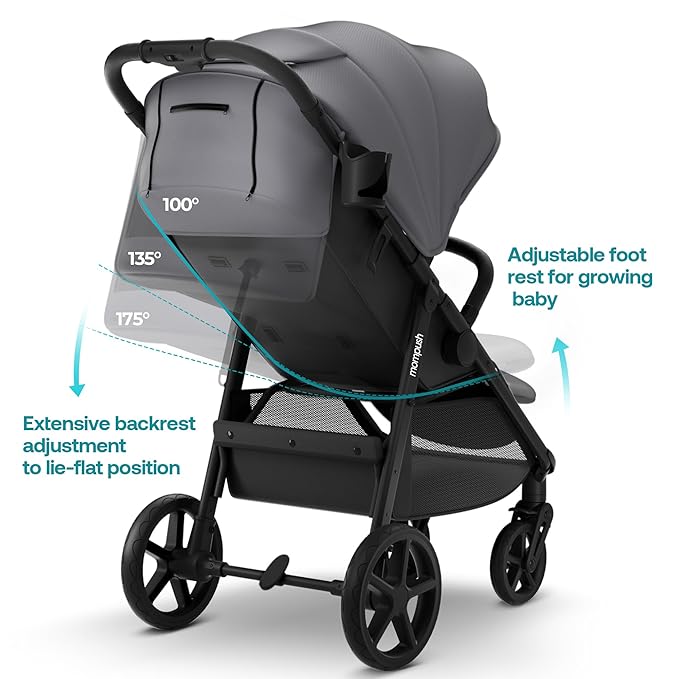 Mompush Nova Baby Stroller for Toddler, Infant & Newborn | Spacious Seat & Lie-Flat Mode | Compact One-Hand Fold, UPF 50+ Canopy & All-Wheel Suspension | Includes Rain Cover & Cup Holder, Grey-BubblyBeeBaby