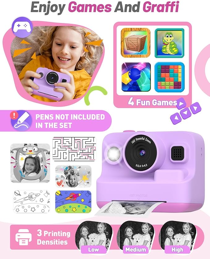 Instant Print Camera for Kids, Christmas Birthday Gifts for 3-12 Year Old Girls Boys, 2.4in Screen 1080P Video Digital Camera Toys for Kids Age 4 5 6 7 8 9 10 with 3 Rolls Print Paper 32G Card-BubblyBeeBaby