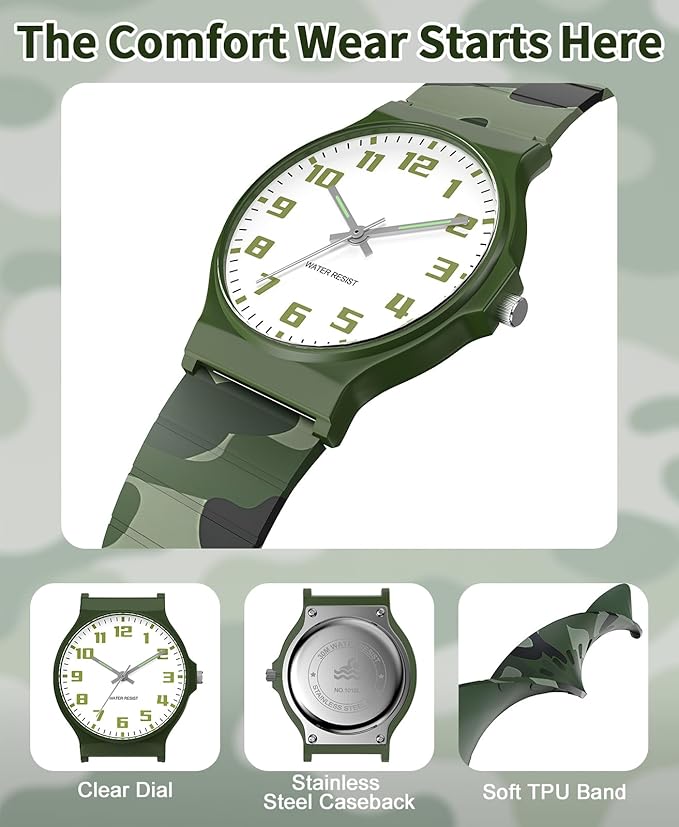 Kids Analog Watch Boys Girls, 30M Waterproof, Sports Watch for Boys, Easy to Read Children's Thin Dial Wrist Watches with Soft Band, for Ages 5-15 Kids Great Birthday Gifts Christmas Day-BubblyBeeBaby