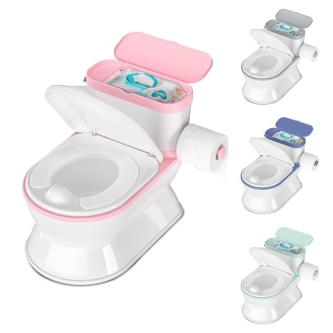2-in-1 Toddler Potty Training Toilet - Larger Potty Chair & Detachable Training Seat for Boys & Girls Ages 1-3 with Flushing Sound, Wipes Storage, Toilet Paper Holder - Pink-BubblyBeeBaby