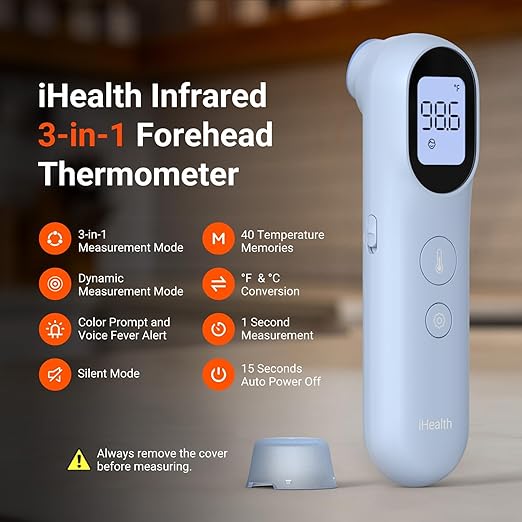 iHealth Infrared Digital Thermometer for Adults and Kids, Baby Thermometer with 3-in-1 Mode & 3-Color Prompt, Fever Alarm & Silent Mode, Forehead & Object Detection, 40 Memory Storages, PT9L, Blue-BubblyBeeBaby