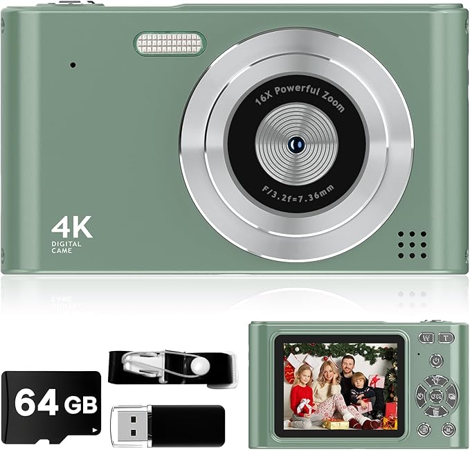 2025 Digital Camera - 1080P Vlog Camera, 44MP Compact, 16X Zoom, Anti-Shake, Green Gift for Kids-BubblyBeeBaby