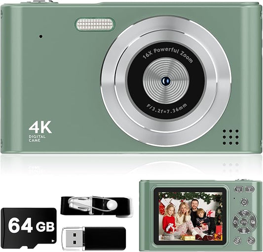 2025 Digital Camera - 1080P Vlog Camera, 44MP Compact, 16X Zoom, Anti-Shake, Green Gift for Kids-BubblyBeeBaby