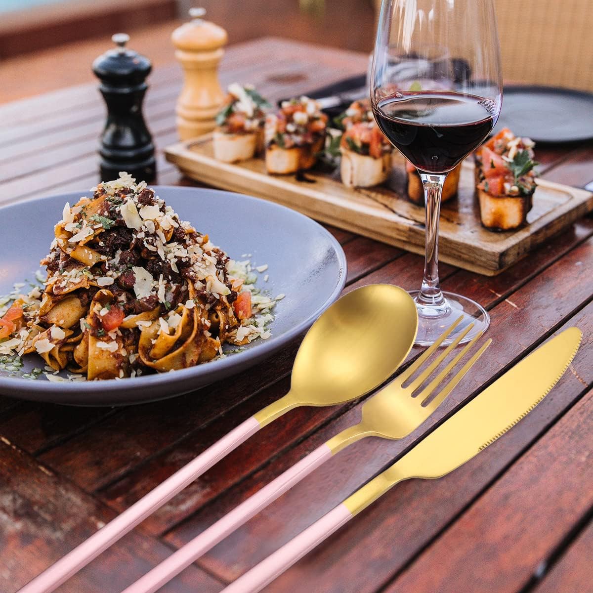 AARAINBOW 6 Pieces Stainless Steel Flatware Set Portable Reusable Cutlery Set Travel Utensils Set Including Chopsticks Knife Fork Spoon Straws Cleaning Brush Dishwasher Safe (B-Pink golden)