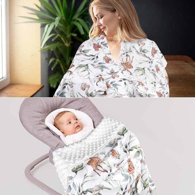 TANOFAR Baby Carseat Canopy, Peekaboo Opening Car Seat Canopy for Babies, Soft and Breathable Infant Carrier Canopy, Multi-use Baby Carrier, Stroller, Nursing Cover, Minky Blanket, Animal Leaf-BubblyBeeBaby