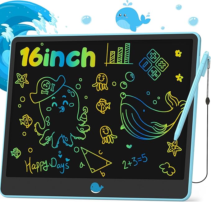 Hockvill LCD Writing Tablet for Kids 16 Inch, Toys for Girls Boys Drawing Pad for 3 4 5 6 7 8 Year Old Kid, Toddler Magnetic Doodle Board Travel Essentials Christmas Birthday for Children (Blue)-BubblyBeeBaby