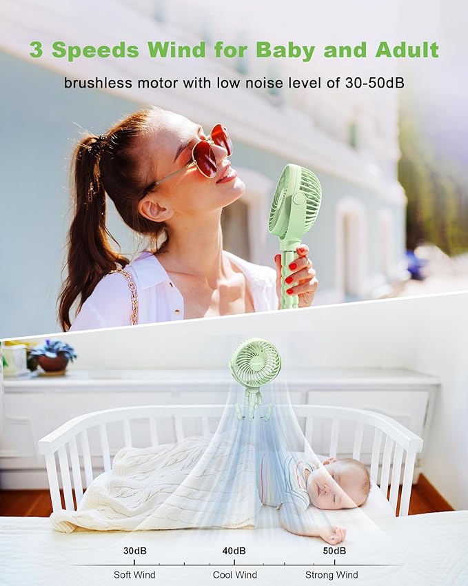 Stroller Fan Clip on for Baby, 4000mAh Rechargeable Battery Operated, Flexible Tripod, 3 Wind Speed, 360° Rotatable, Small Portable Fan for Car Seat Crib Golf Cart Beach Travel, Green-BubblyBeeBaby