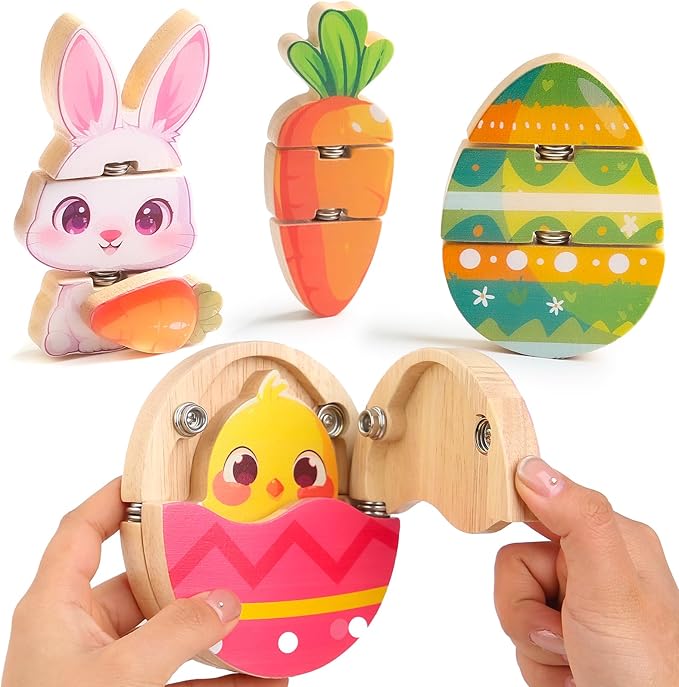 HUZU Easter Snap Builders, Easter Basket Stuffers Bunny, Carrot, Egg, Chick Wooden Puzzle Toy, Basket Essentials Take Apart & Mix Characters Kids Montessori STEM Fine Motor Skill-BubblyBeeBaby