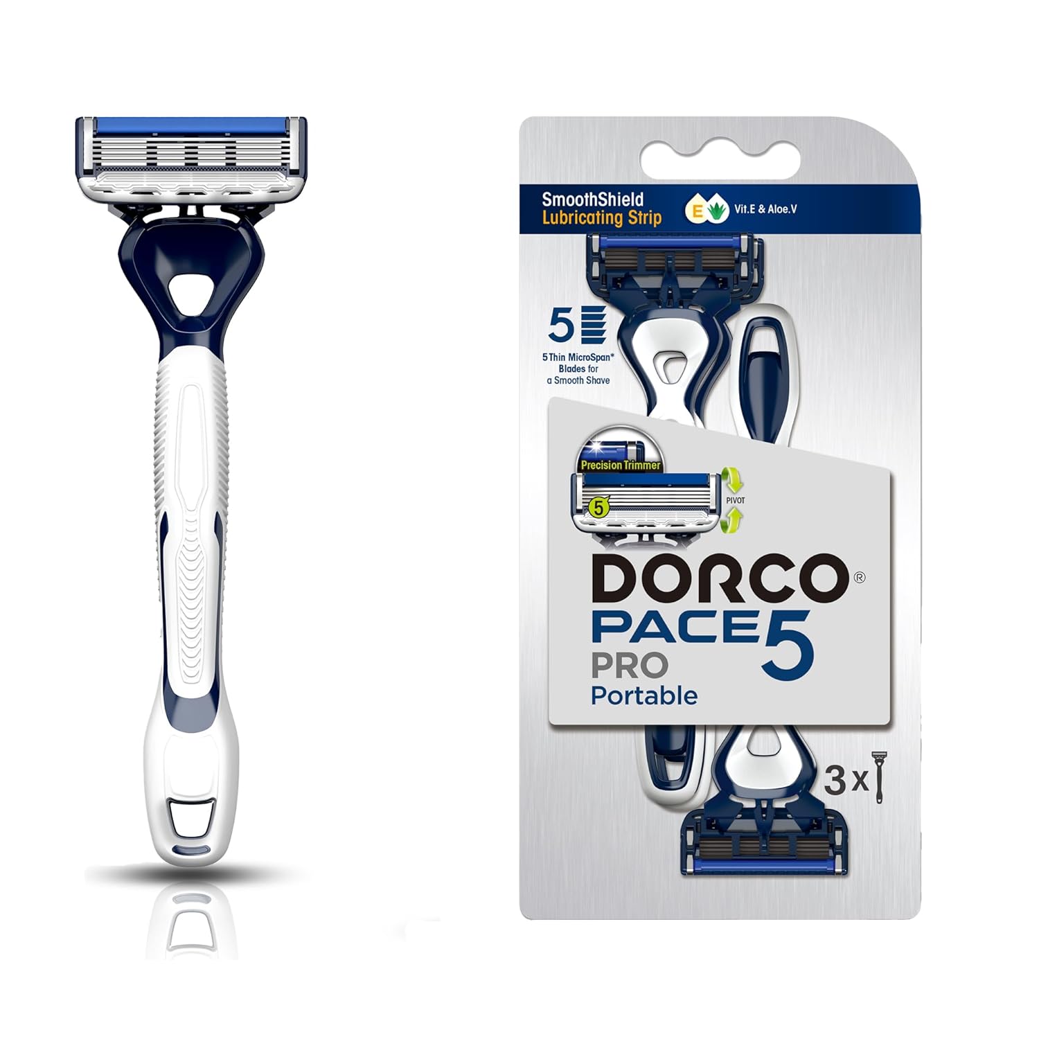 DORCO Pace Pro 5 Disposable Razors, 3 pack - Long Lasting 5 Blade Technology with a Precision Trimmer, Safety Guard Bar, Pivoting Head and Non-Slip Rubber Handle (3 Razors)