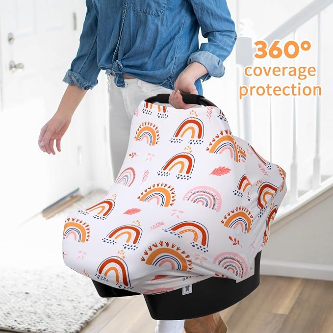 Rquite All-in-1 Car Seat Cover Baby, Carseat Covers for Girl Boy, Stretchy Soft Infant Car Seat Cover, Multi-use Baby Carrier Cover, Car Seat Canopy, Stroller Sun Shade, Nursing Breastfeeding Cover-BubblyBeeBaby