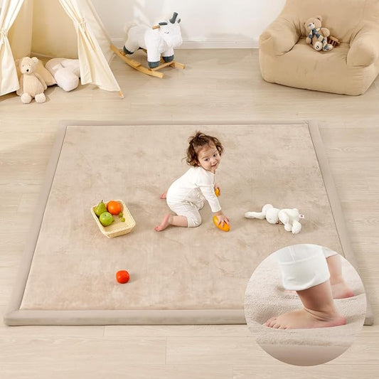 1.3" Thick Baby Play Mat for Floor, 79x79 Large Foam Tummy Time Mat, Padded Support Soft Plush Nursery Rug for Infant Kids Toddler Crawling Kick Activity (Beige)-BubblyBeeBaby