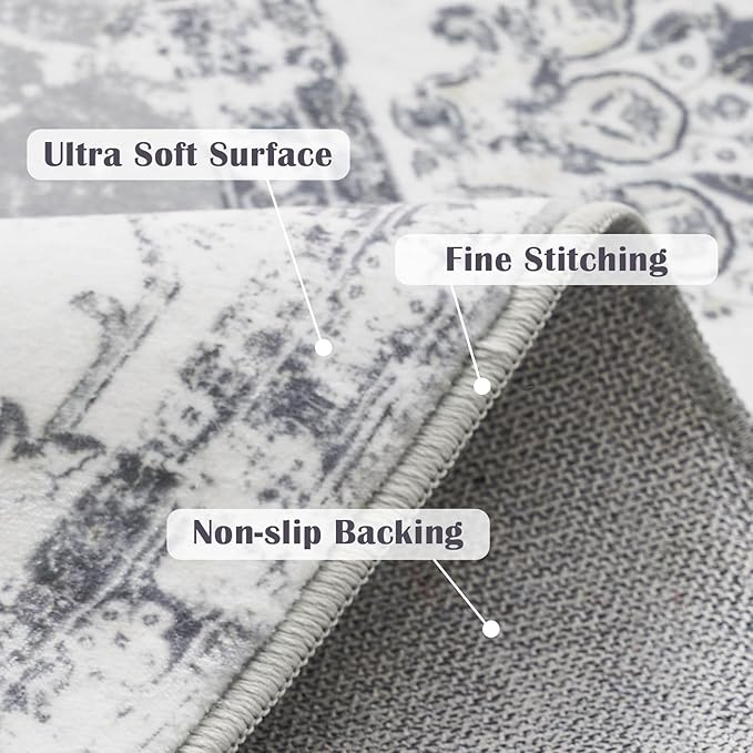 jinchan Round Rug 5ft Area Rug - Indoor Vintage Hallway Circle 5' Washable - Ultra-Thin Low Pile Soft Small Non Slip Distressed Floral Print for Living Room Dining Room Bedroom Entryway Grey-BubblyBeeBaby