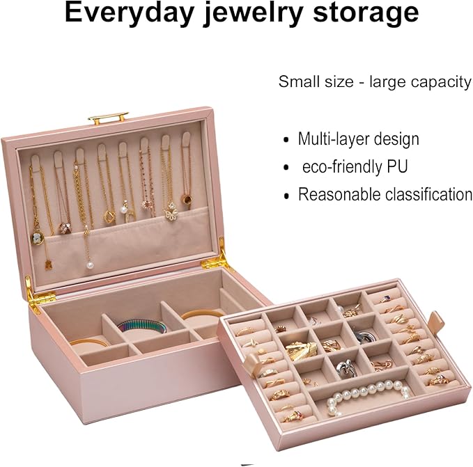 2-layer jewelry box，Jewelry Organizer with Handle，with hanging necklace hooks, detachable jewelry trays, suitable for storing a large amount of jewelry gift box (rose gold)-BubblyBeeBaby