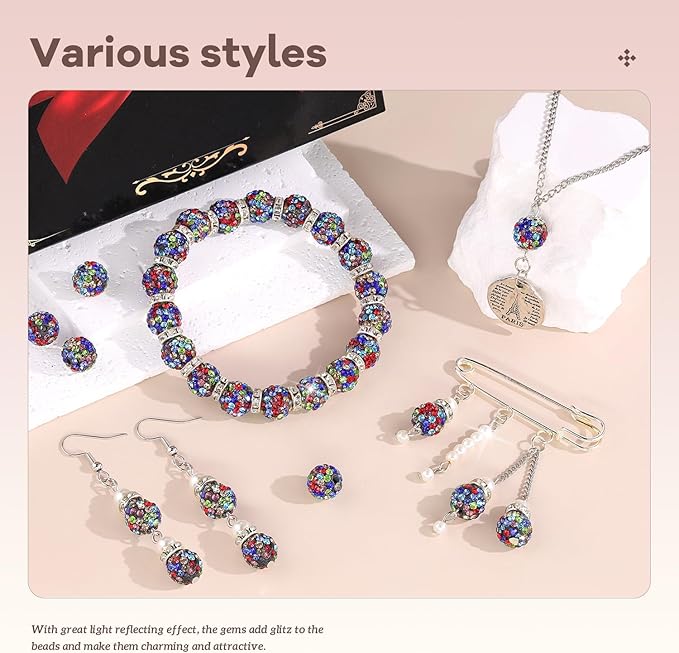 160pcs 10mm Rhinestone Beads for Jewelry Making, Black Mixed Shiny Round Disco Ball Beads Bulk, Sparkle Crystal Clay Christmas for Bracelet Baseball Necklace Earring Crafting and DIY-BubblyBeeBaby